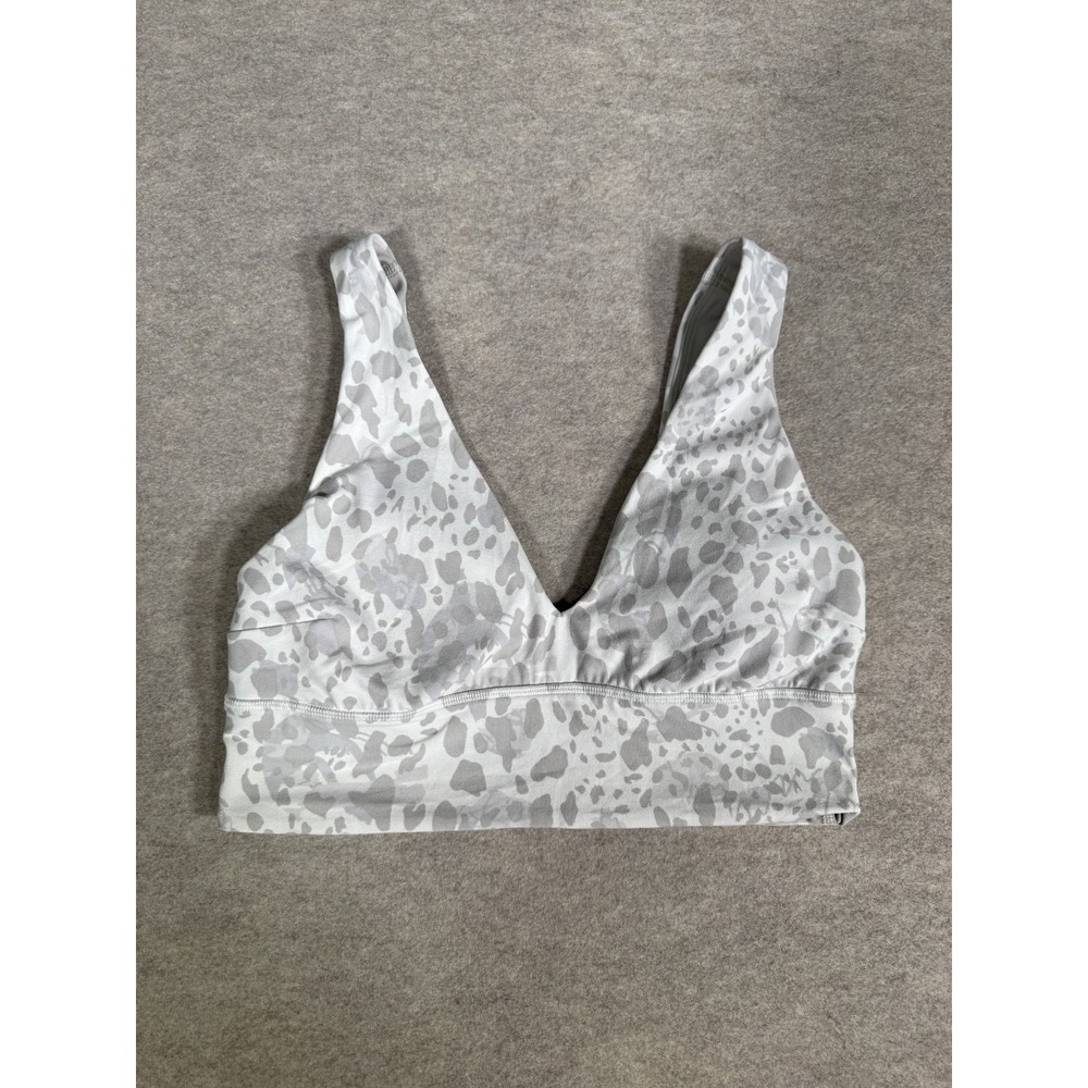 Lululemon Align V Neck Sports Bra Womens 8 White Gray Cheetah Sweat Wicking Yoga